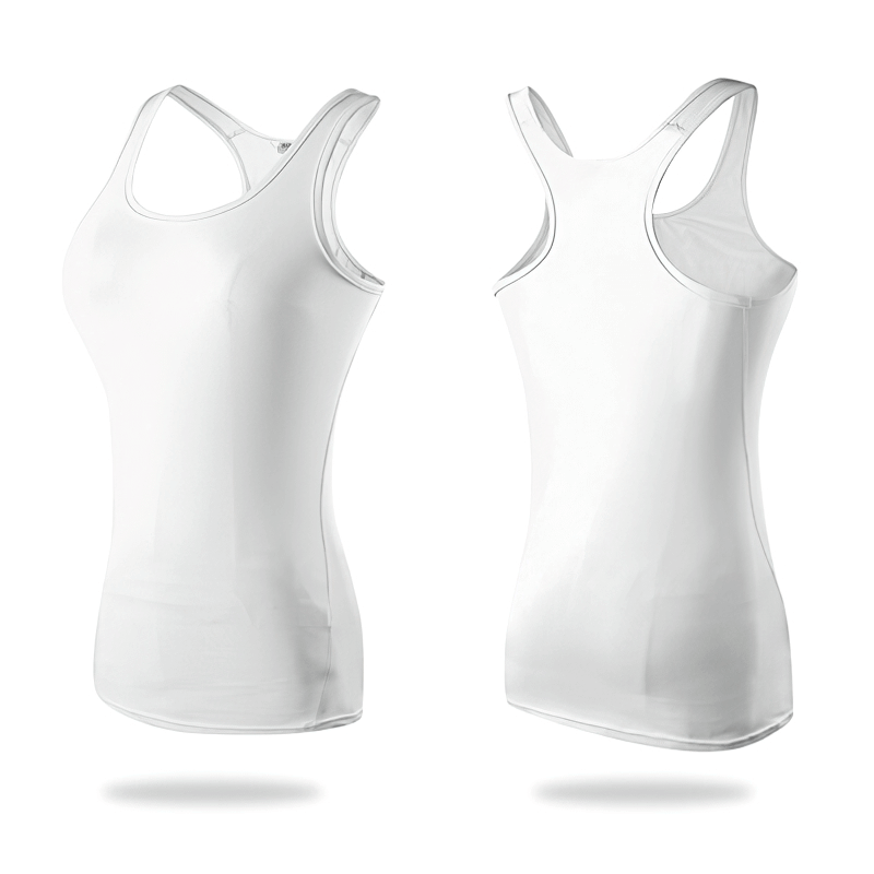Elastic women's tank top for gym, fitted fitness apparel, white sleeveless design for optimal movement and comfort